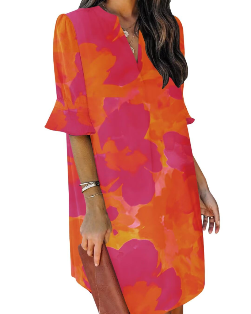 Beatrice – Vestito Casual Con Scollo A V, Volant E Fantasia Floreale