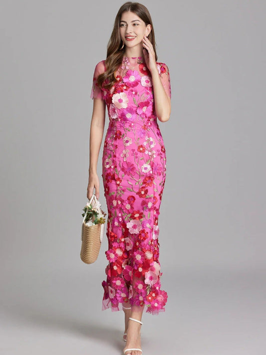 Gabriella - Abito Da Sposa Lungo Floreale Da Donna Per Gli Ospiti Rosa scuro
