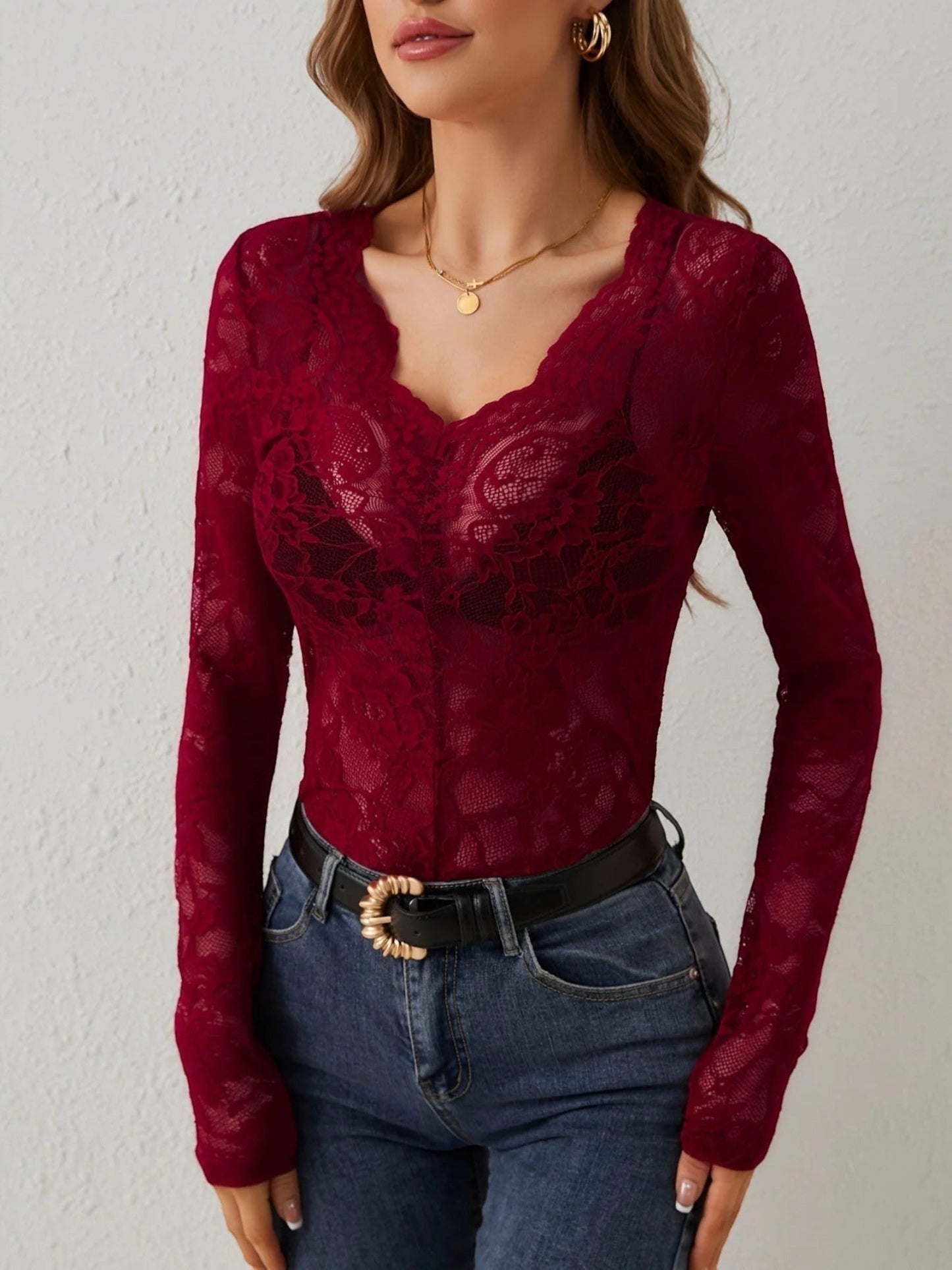 Gelsa - Camicetta Con Scollo A V In Pizzo Floreale Da Donna Rosso Scuro