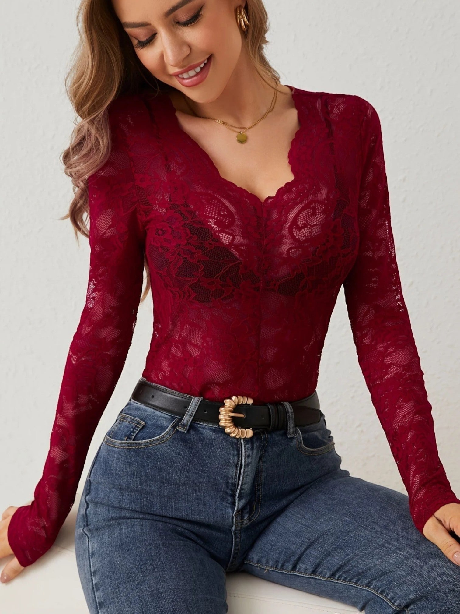 Gelsa - Camicetta Con Scollo A V In Pizzo Floreale Da Donna Rosso Scuro