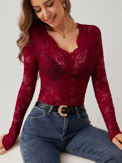 Gelsa - Camicetta Con Scollo A V In Pizzo Floreale Da Donna Rosso Scuro