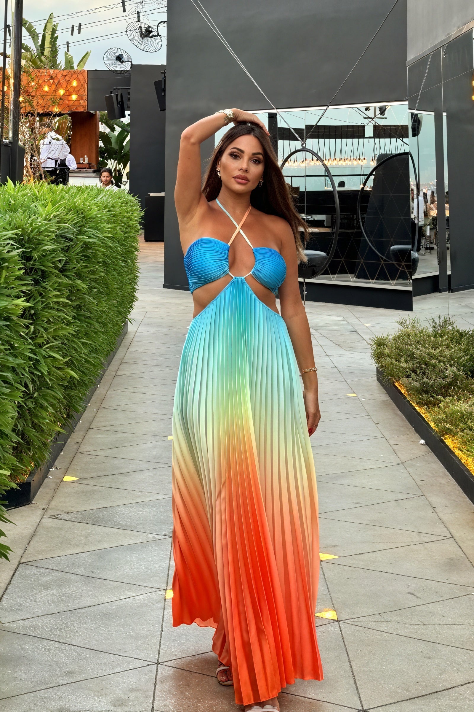Genoveffa - Abito Maxi Plissettato con Scollo Halter Blu