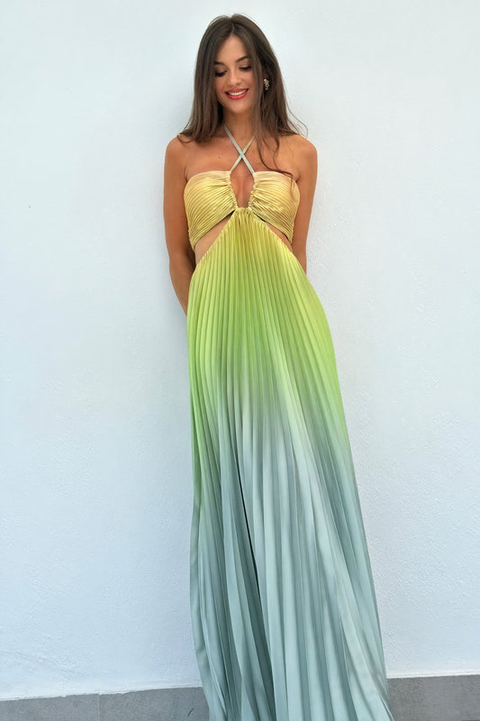 Genoveffa - Abito Maxi Plissettato con Scollo Halter Giallo
