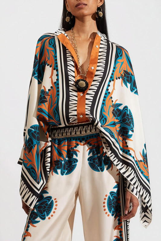 Gia - Completo Kimono di Seta con Pantaloni Ampi Arancione
