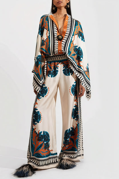 Gia - Completo Kimono di Seta con Pantaloni Ampi Arancione