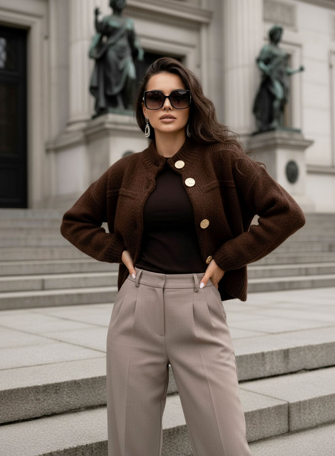 Juna - Giacca Cardigan Marrone con Bottoni Oro