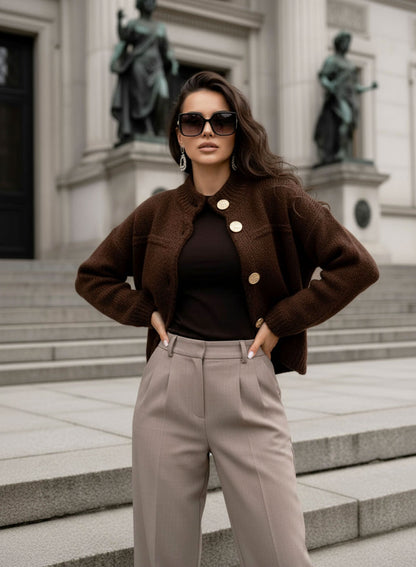 Juna - Giacca Cardigan Marrone con Bottoni Oro