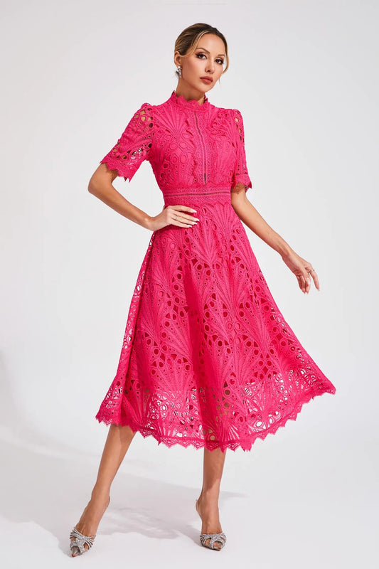 Giada - Abito Midi Pizzo Dettaglio Cut-Out Maniche Corte Rosa