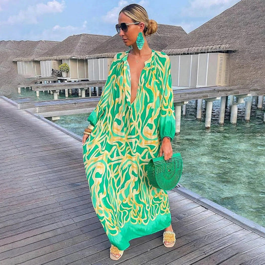 Ginepra - Abito Oversize Bohémien Con Scollo A V Per Donna Verde