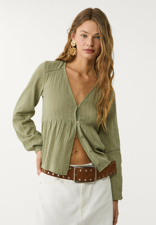Ginevra – Blusa Fluida con Dettagli Khaki Naturale