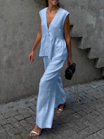 Giovinetta – Completo in Lino con Top a V e Pantaloni Palazzo Blu