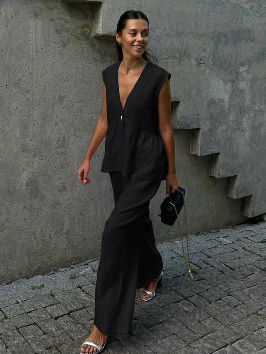 Giovinetta – Completo in Lino con Top a V e Pantaloni Palazzo Nero