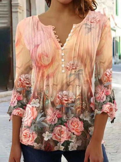 Giselda - Camicetta Floreale Con Scollo A V Per Donna Arancia
