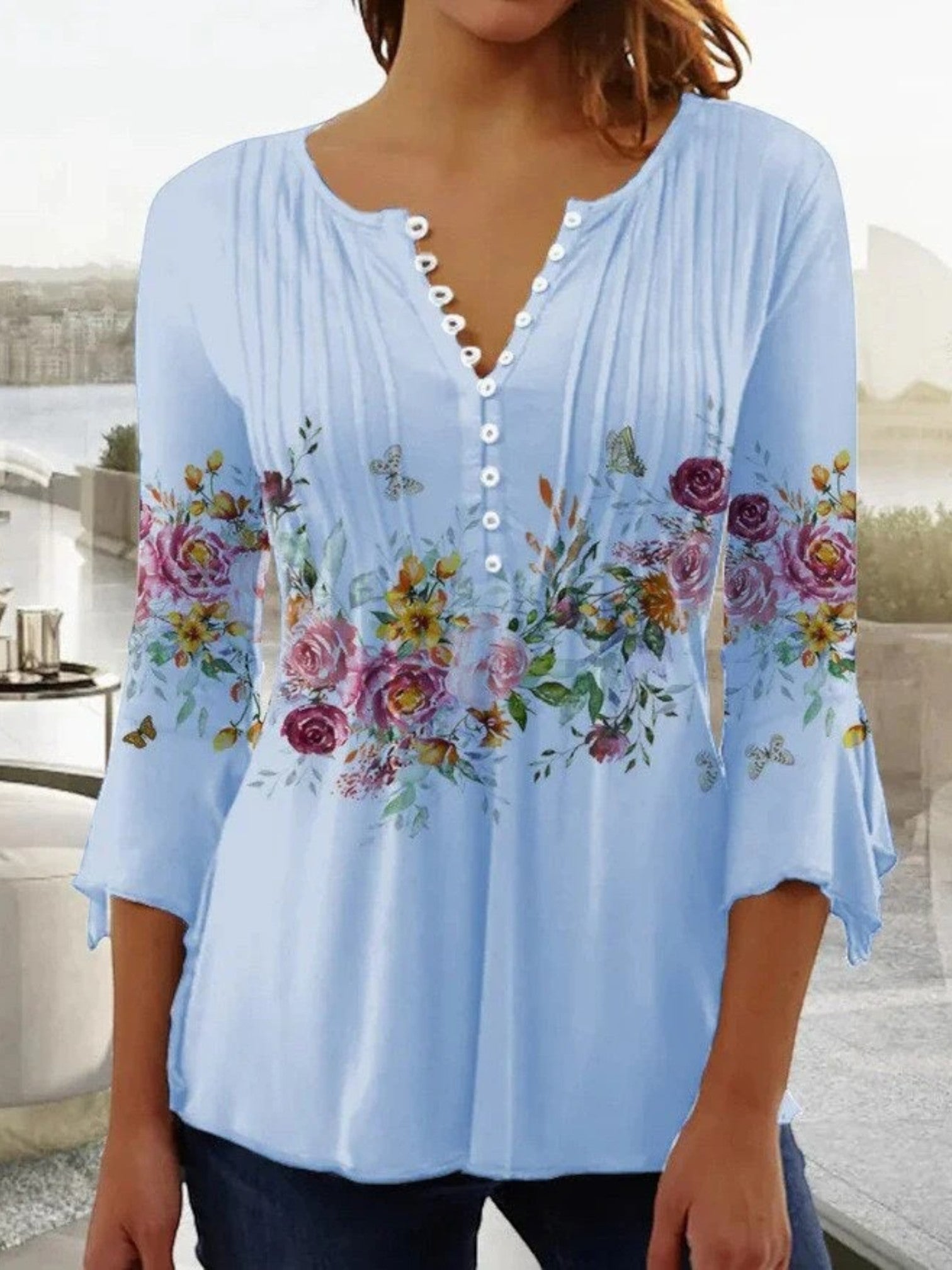 Giselda - Camicetta Floreale Con Scollo A V Per Donna Azzurro Chiaro
