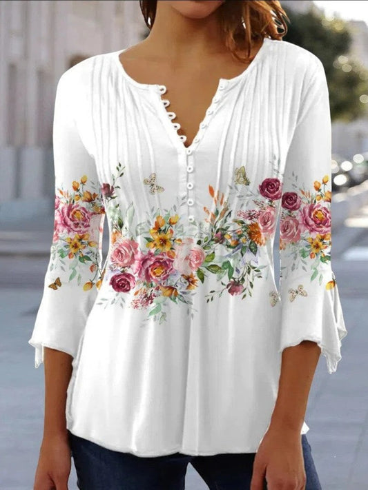Giselda - Camicetta Floreale Con Scollo A V Per Donna Bianco Con Fiori