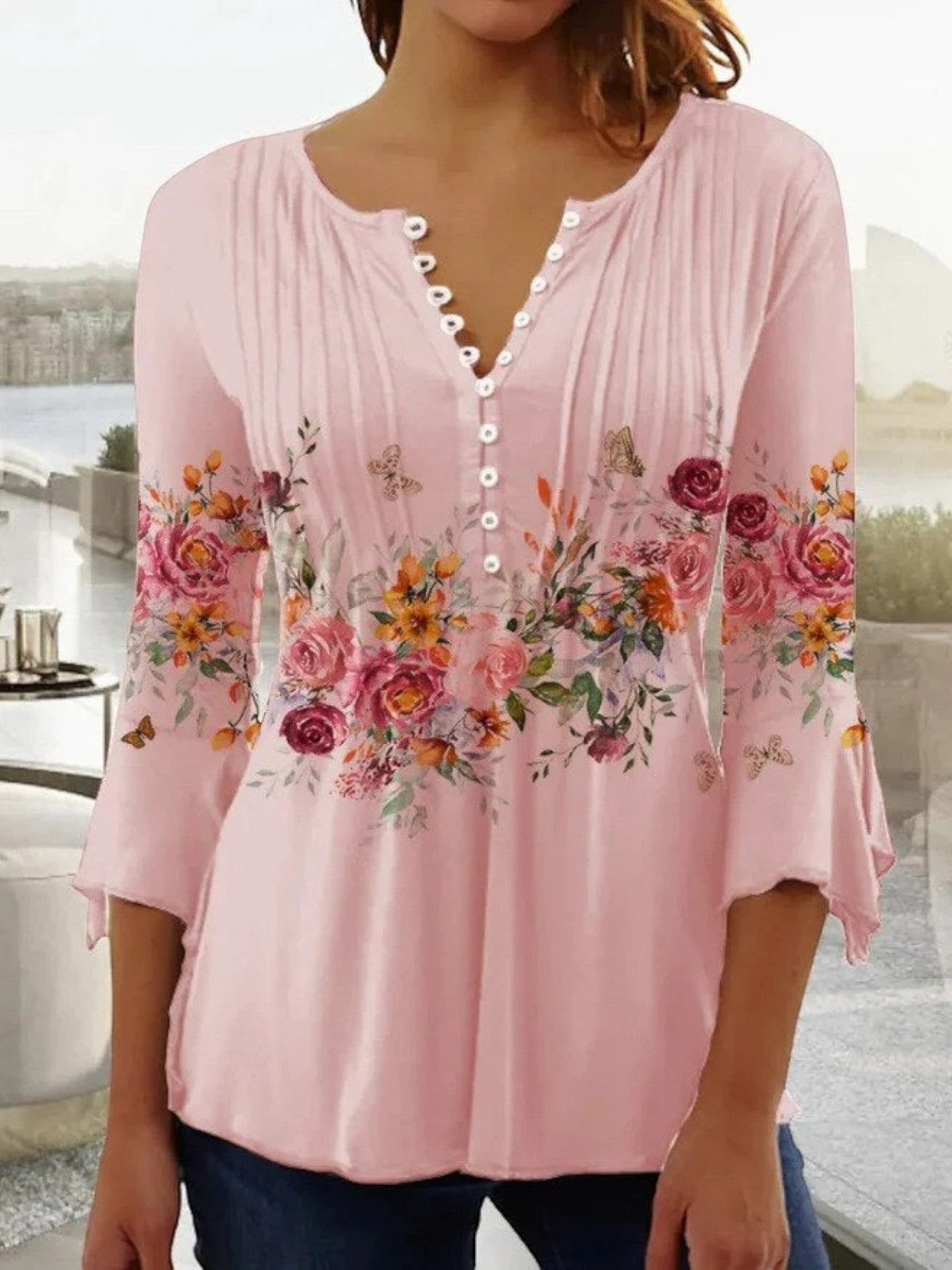 Giselda - Camicetta Floreale Con Scollo A V Per Donna Rosa