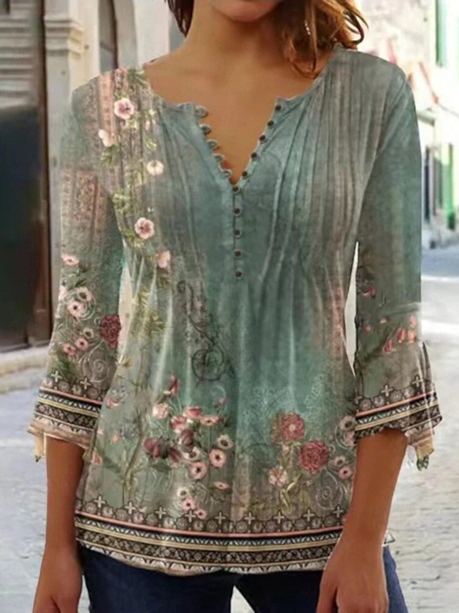 Giselda - Camicetta Floreale Con Scollo A V Per Donna Verde