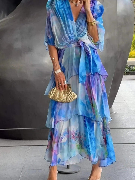 Graziella - Abito Lungo Con Balze Floreali Da Donna Blu