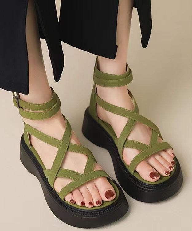 Masisia – Sandali con Plateau Verde in Ecopelle Artigianali con Cinturino Incrociato Splicing