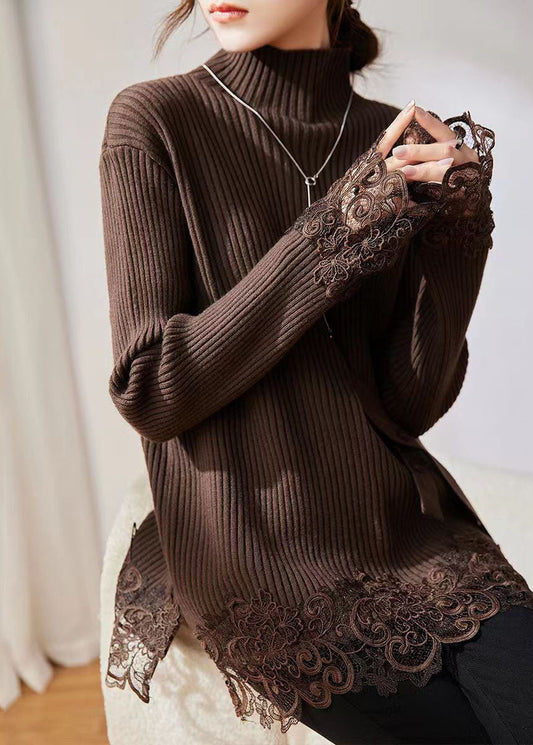 Jasmine - Maglione a Coste con Pizzo Floreale