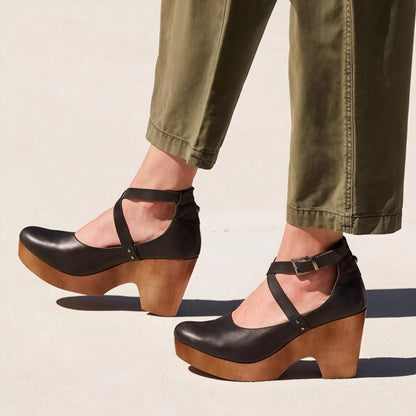 Heidi – Sandali Platform in Pelle con Cinturino alla Caviglia Nero
