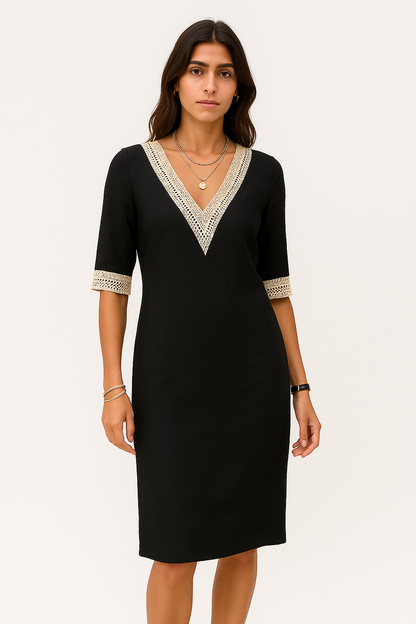 Hridita - Abito Estivo Donna in Lino con Pizzo Nero