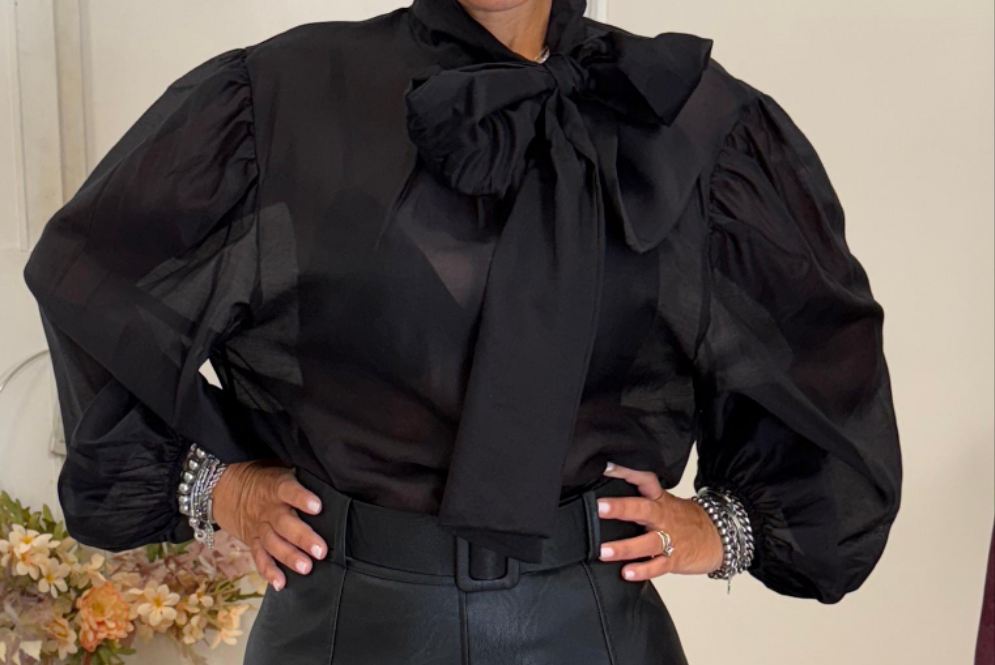 Iris - Camicia Donna Satin Manica Sbuffo Fiocco Elegante