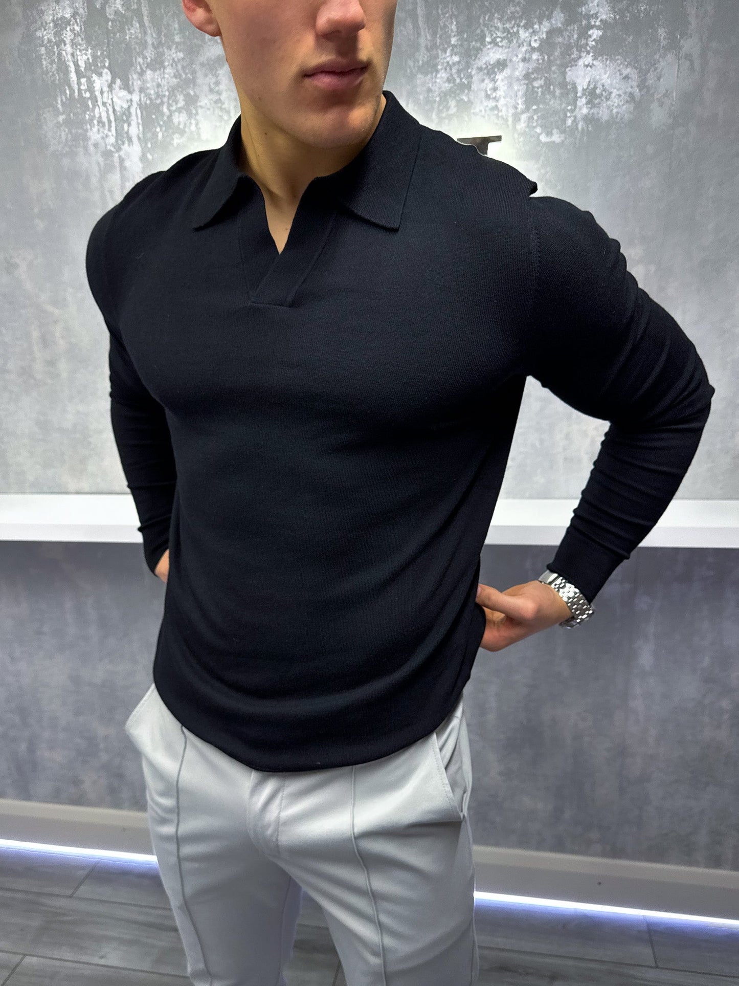 Joshua - Polo Uomo Manica Lunga Nero Elegante Classico