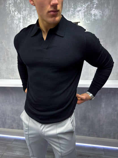 Joshua - Polo Uomo Manica Lunga Nero Elegante Classico