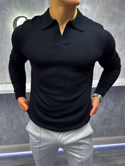 Joshua - Polo Uomo Manica Lunga Nero Elegante Classico