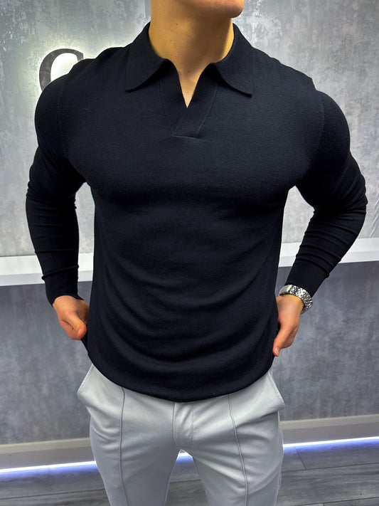 Joshua - Polo Uomo Manica Lunga Nero Elegante Classico