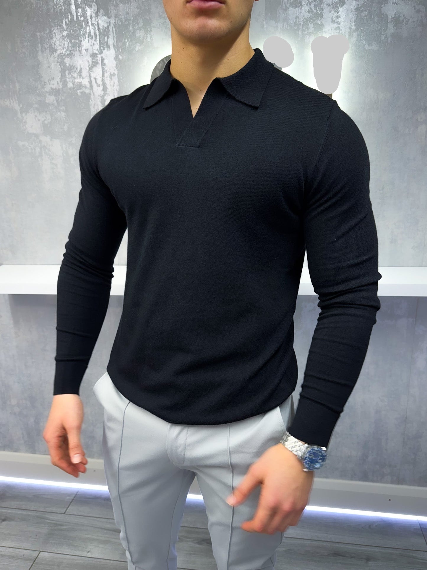Joshua - Polo Uomo Manica Lunga Nero Elegante Classico