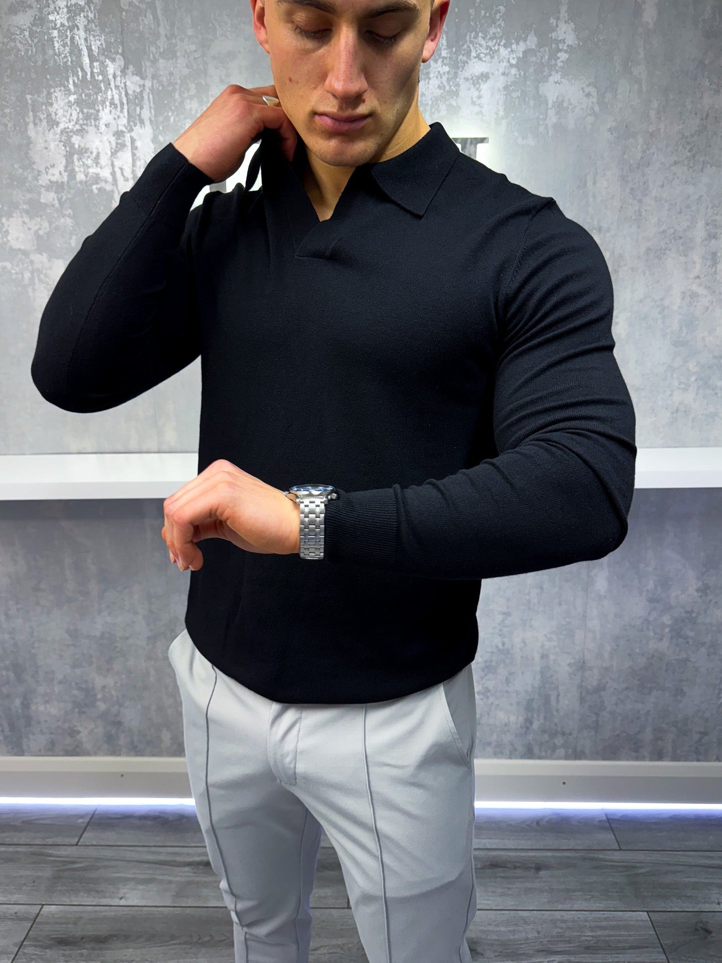 Joshua - Polo Uomo Manica Lunga Nero Elegante Classico