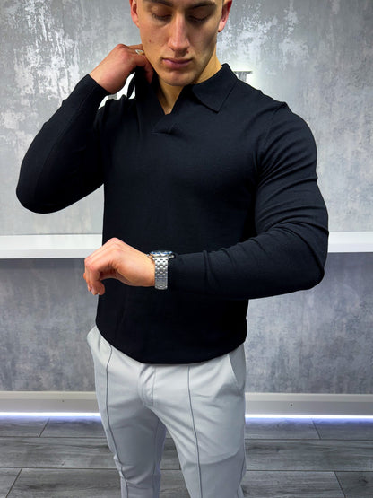 Joshua - Polo Uomo Manica Lunga Nero Elegante Classico