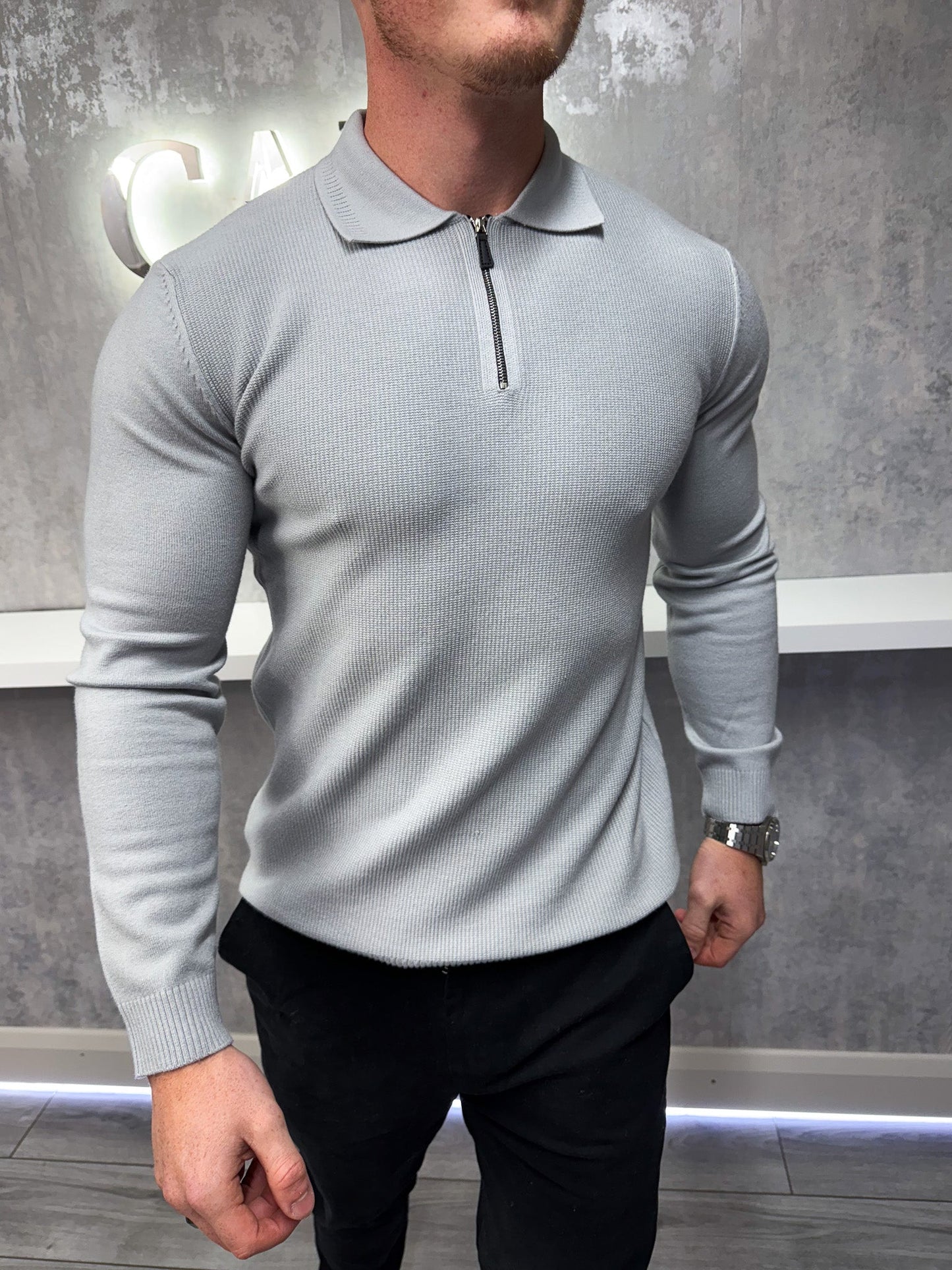 Johan - Polo Uomo Zip Manica Lunga Grigia
