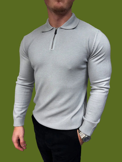 Johan - Polo Uomo Zip Manica Lunga Grigia