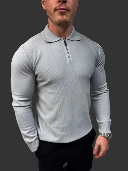 Johan - Polo Uomo Zip Manica Lunga Grigia