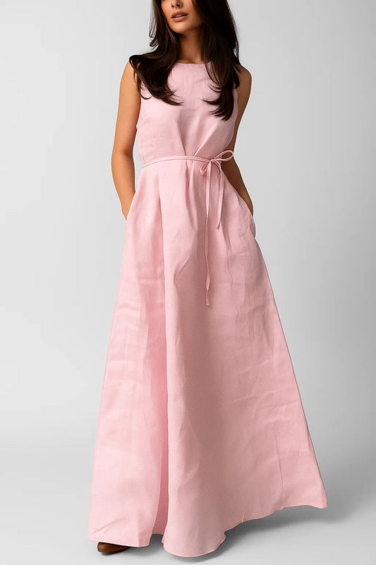 Ilda - Abito Lungo Donna in Lino con Cintura Rosa