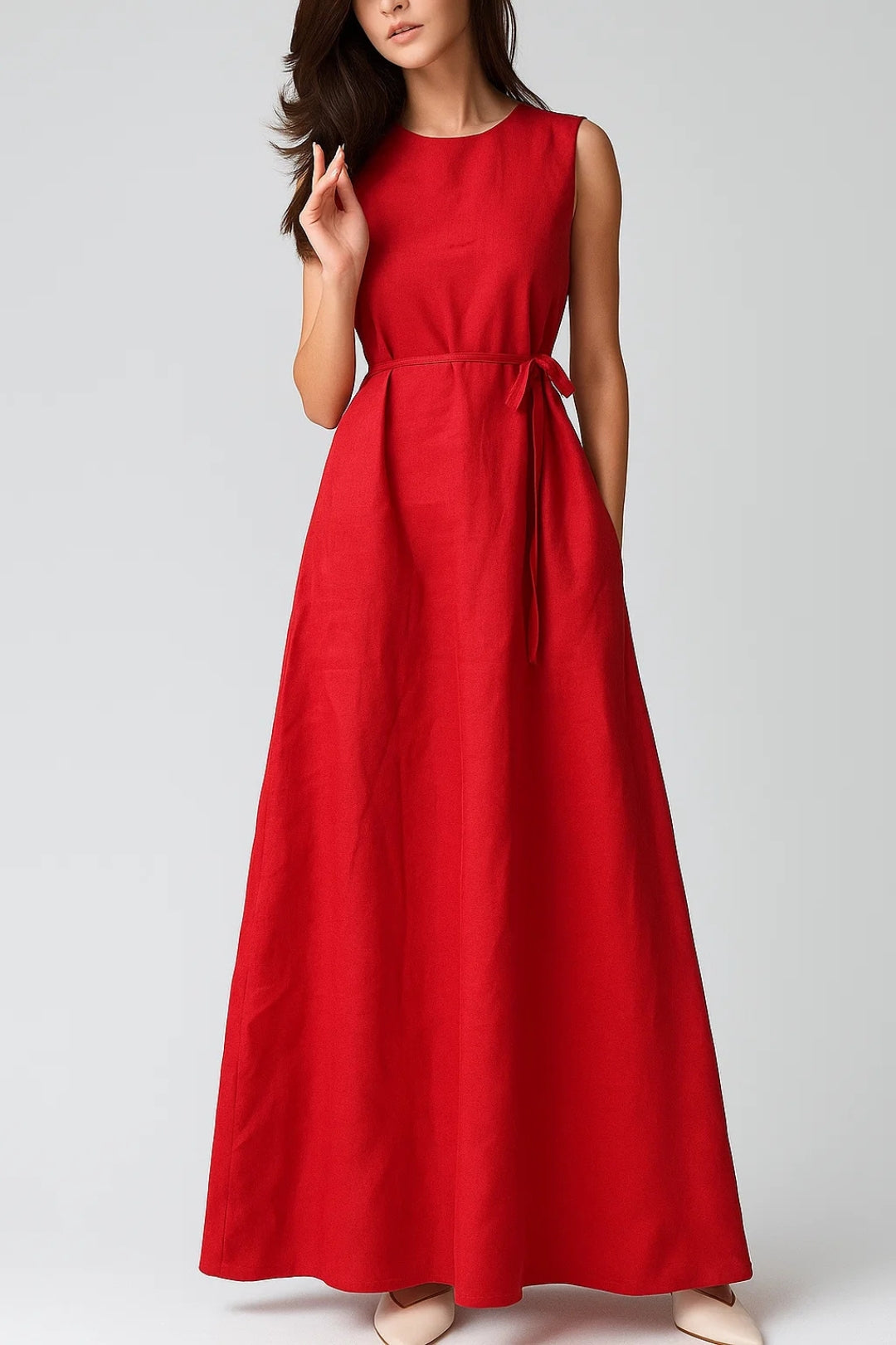Ilda - Abito Lungo Donna in Lino con Cintura Rosso