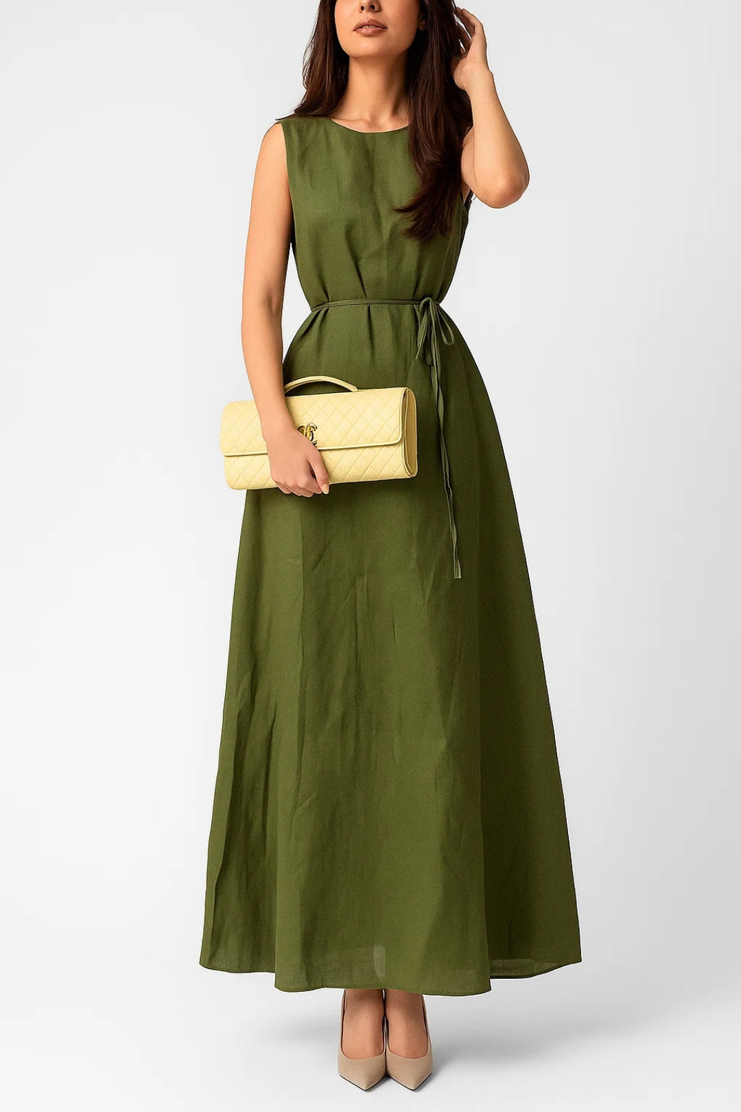Ilda - Abito Lungo Donna in Lino con Cintura Verde