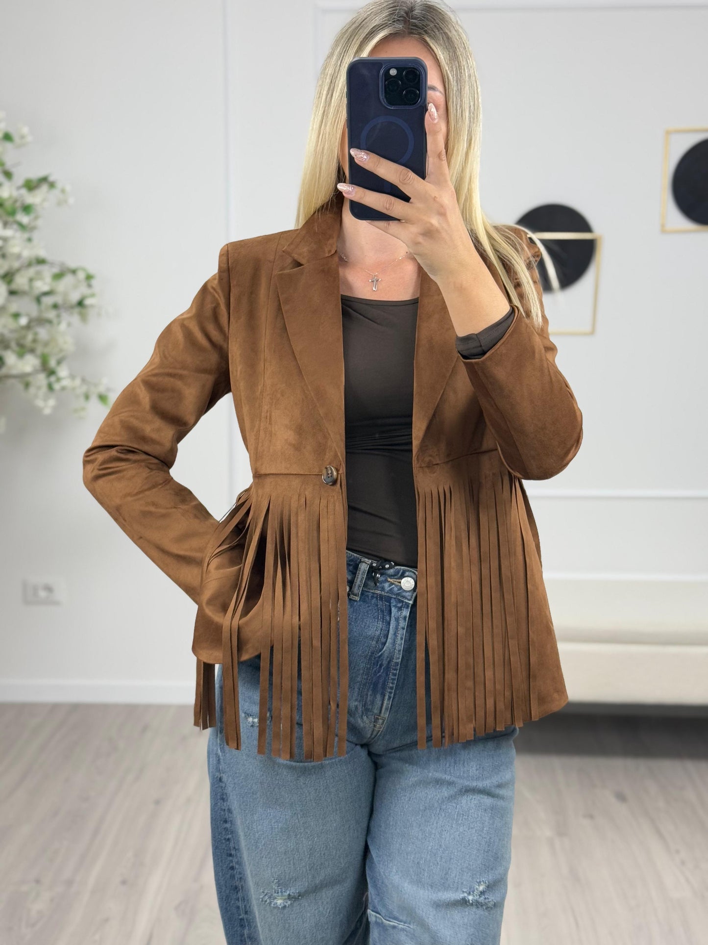 Gemmina - Blazer da donna in ecodainetto con frange