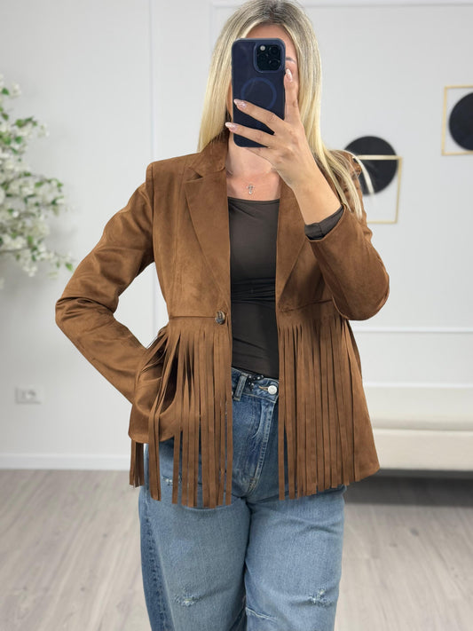 Gemmina - Blazer da donna in ecodainetto con frange
