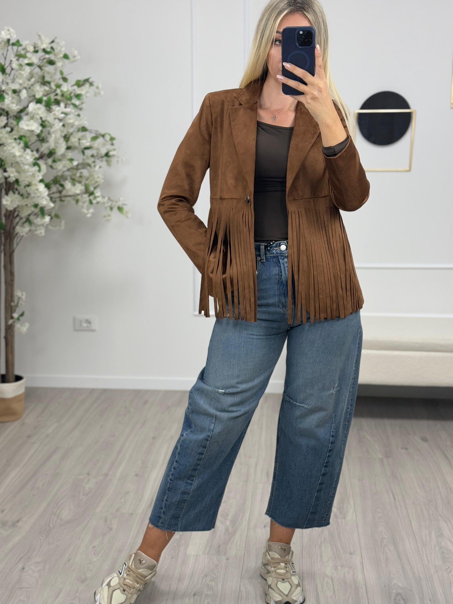 Gemmina - Blazer da donna in ecodainetto con frange