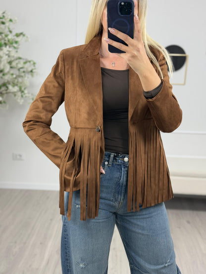 Gemmina - Blazer da donna in ecodainetto con frange