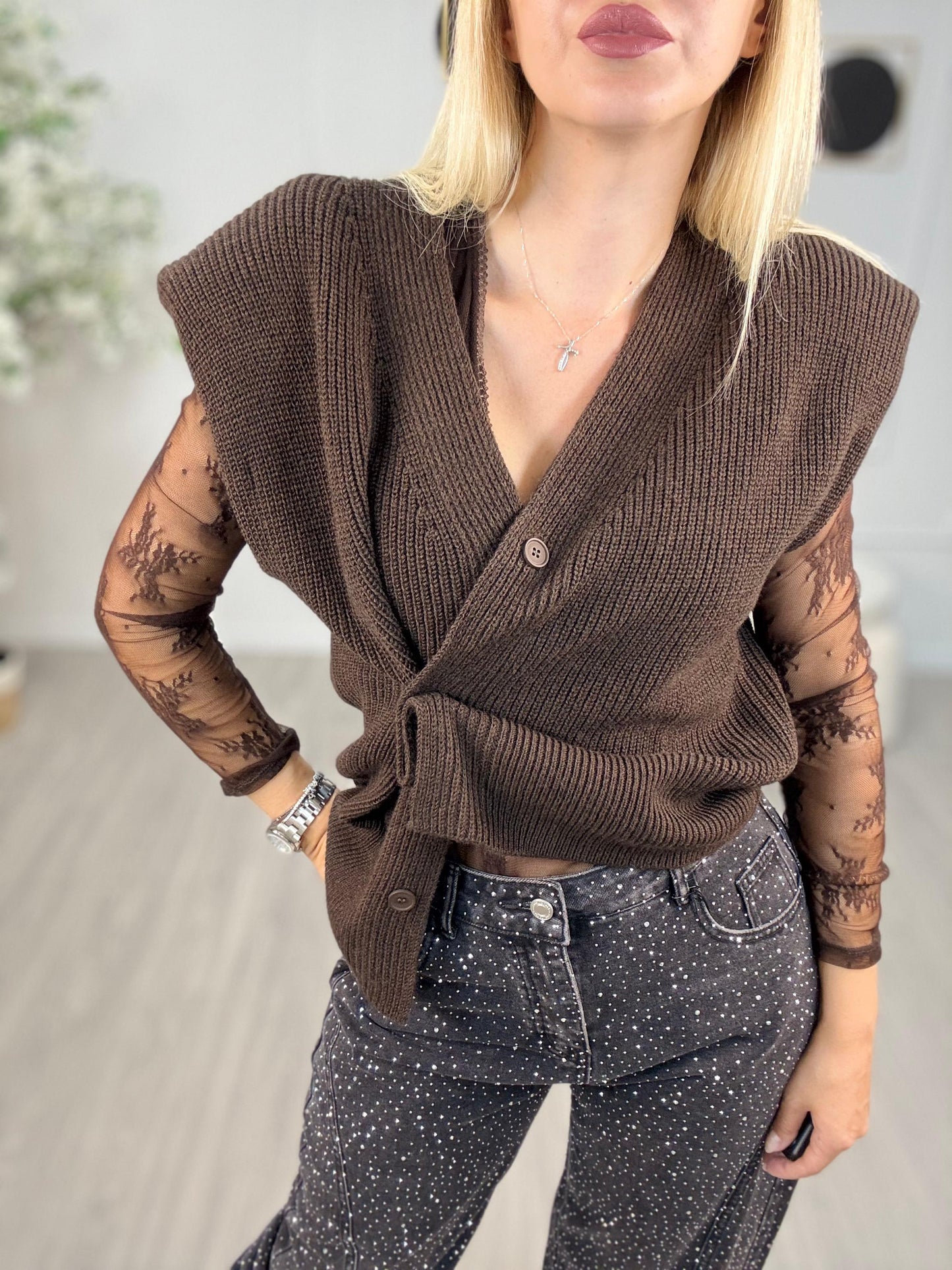 Giuseppina - Gilet da donna in maglia punto pannocchia moro