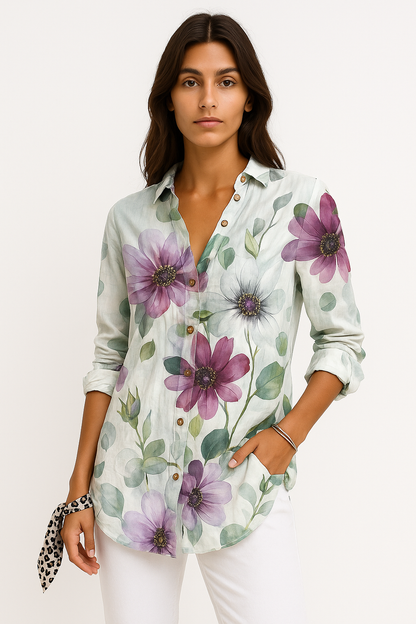 Indira - Camicia Donna Floreale Leggera e Versatile Fiore Blu Scuro