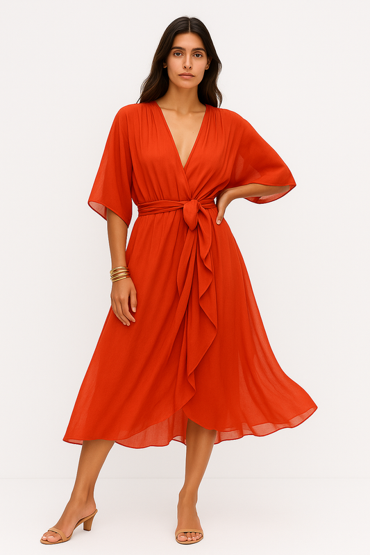 Irene - Abito Donna Midi con Design Avvolgente Arancione Rosso