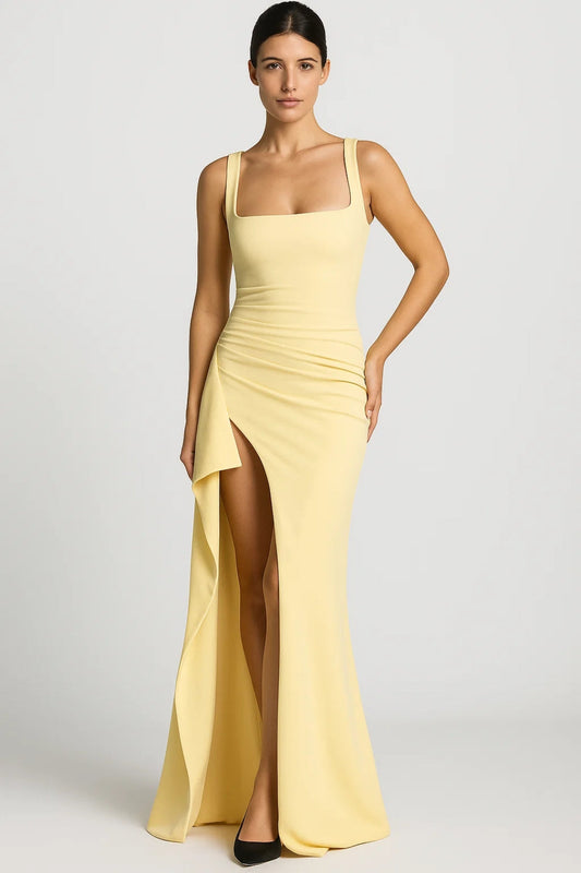 Irenea - Abito Lungo Donna con Spacco Laterale Giallo