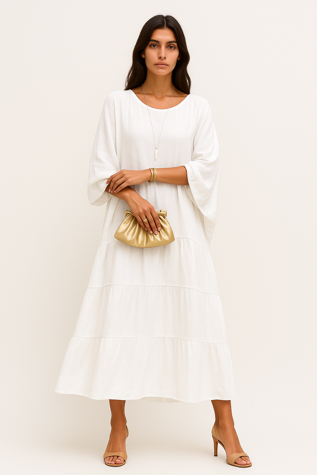 Iride - Abito Maxi Ampio con Scollo Rotondo per Donna Bianco