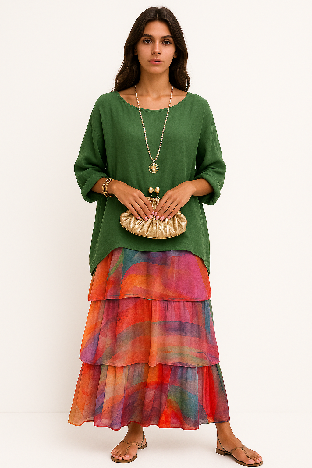 Iride - Abito Maxi Ampio con Scollo Rotondo per Donna Multicolore